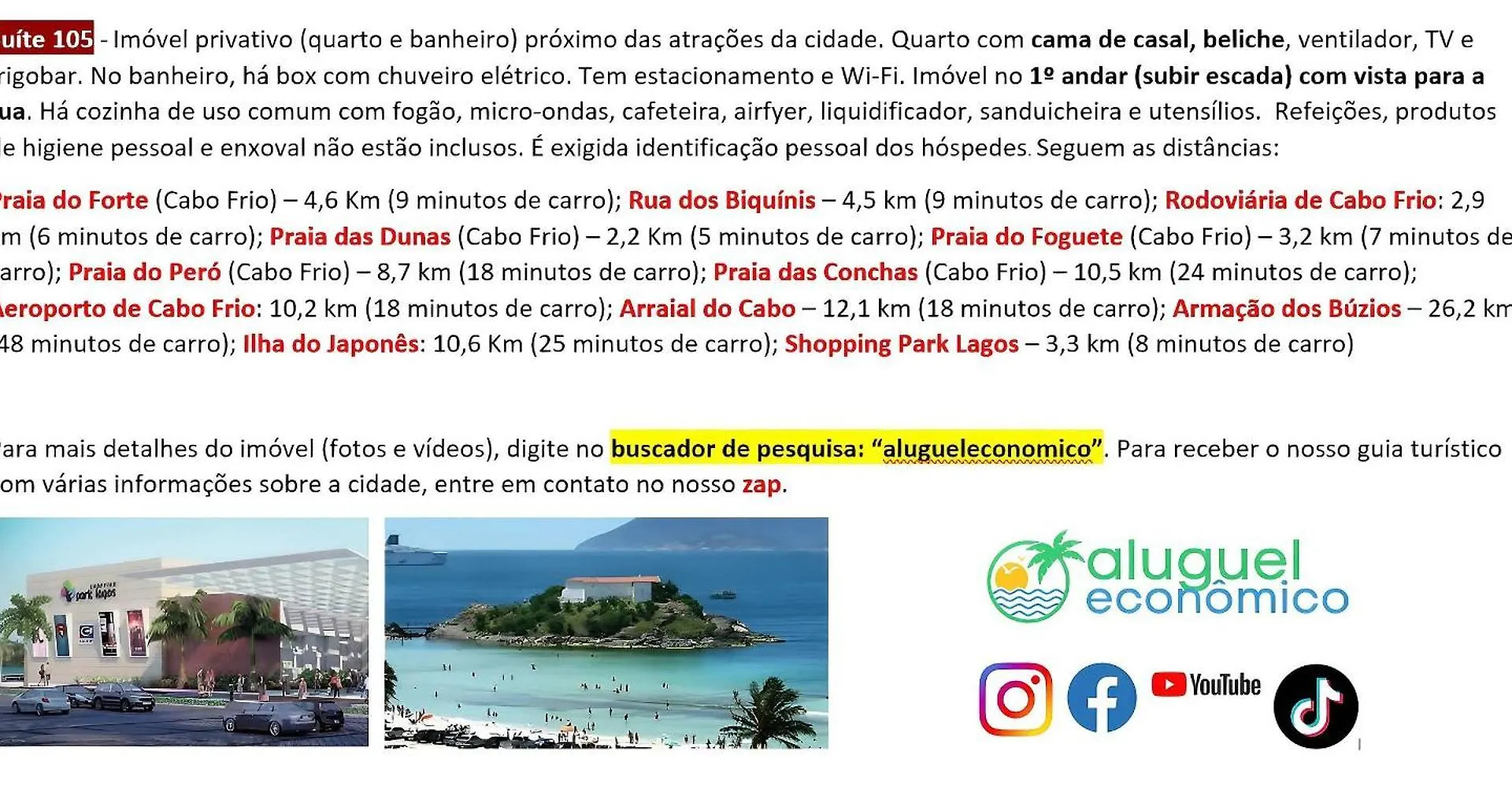 Apartamento Cabo Frio - Hospedagem Central - Aluguel Economico